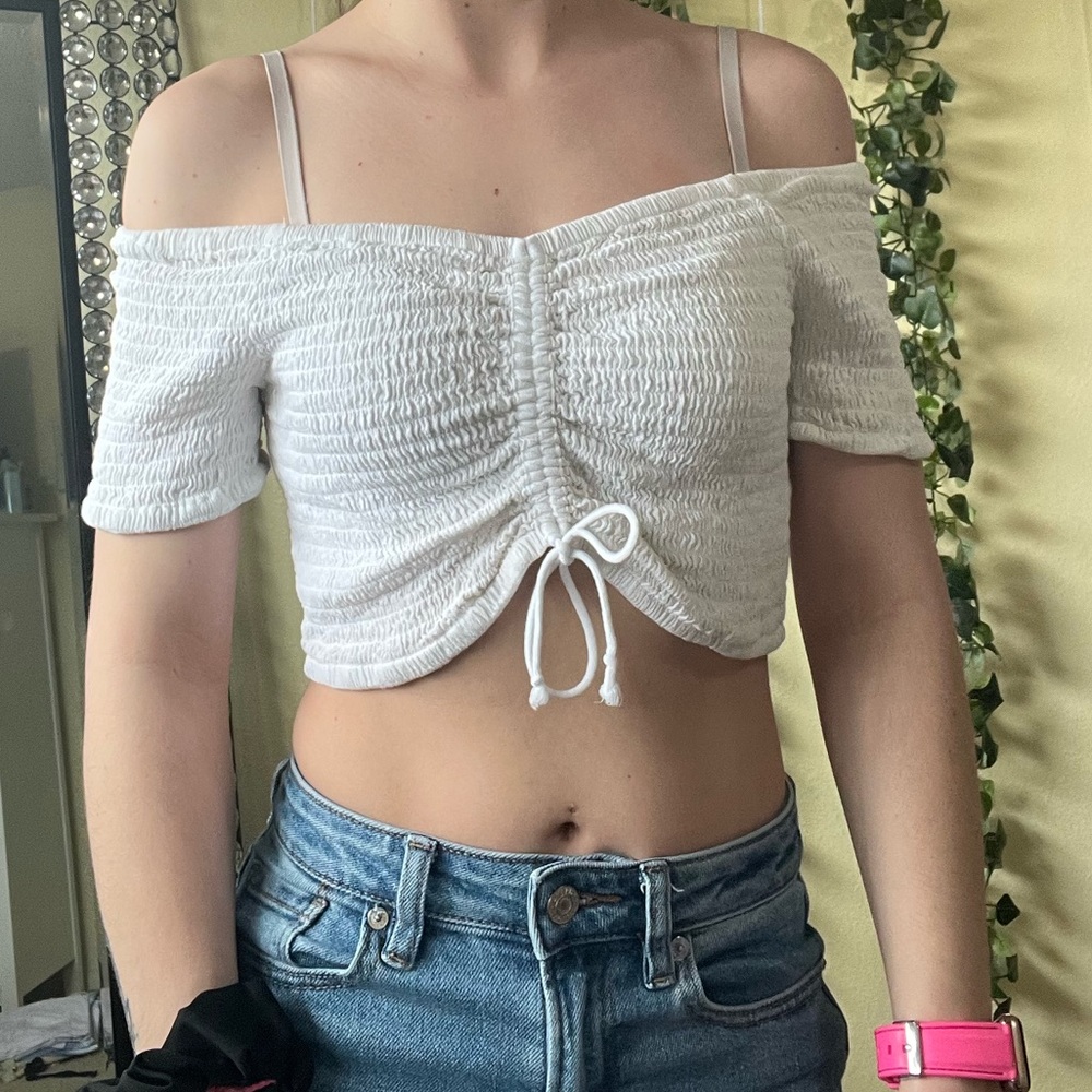 Kendall and Kylie white cropped off shoulder top